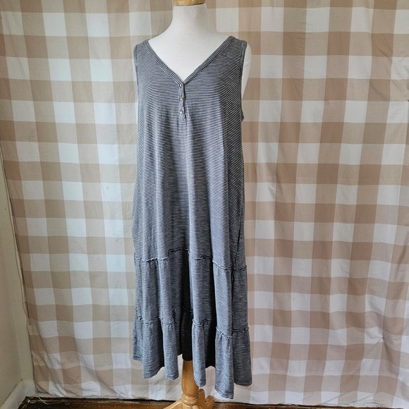 Pact Dresses & Skirts - Pact Organic Cotton Gray Striped Tiered Maxi Dress XL Henley V Neck Casual XL